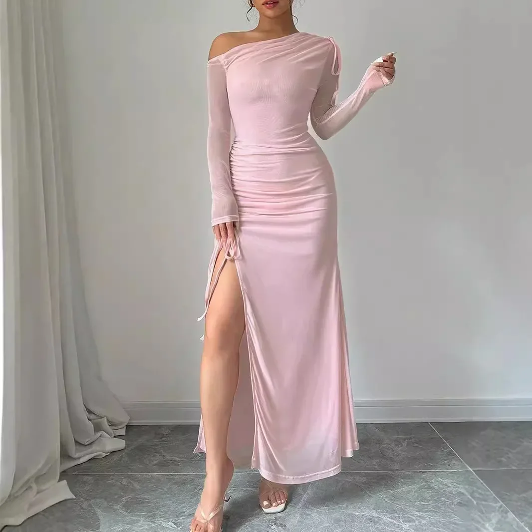 Mingmingxi Autumn Long Sleeve Dress Women Pink Mesh Maxi Dress 2024 New Arrivals High Slit Bodycon Party Dresses Women