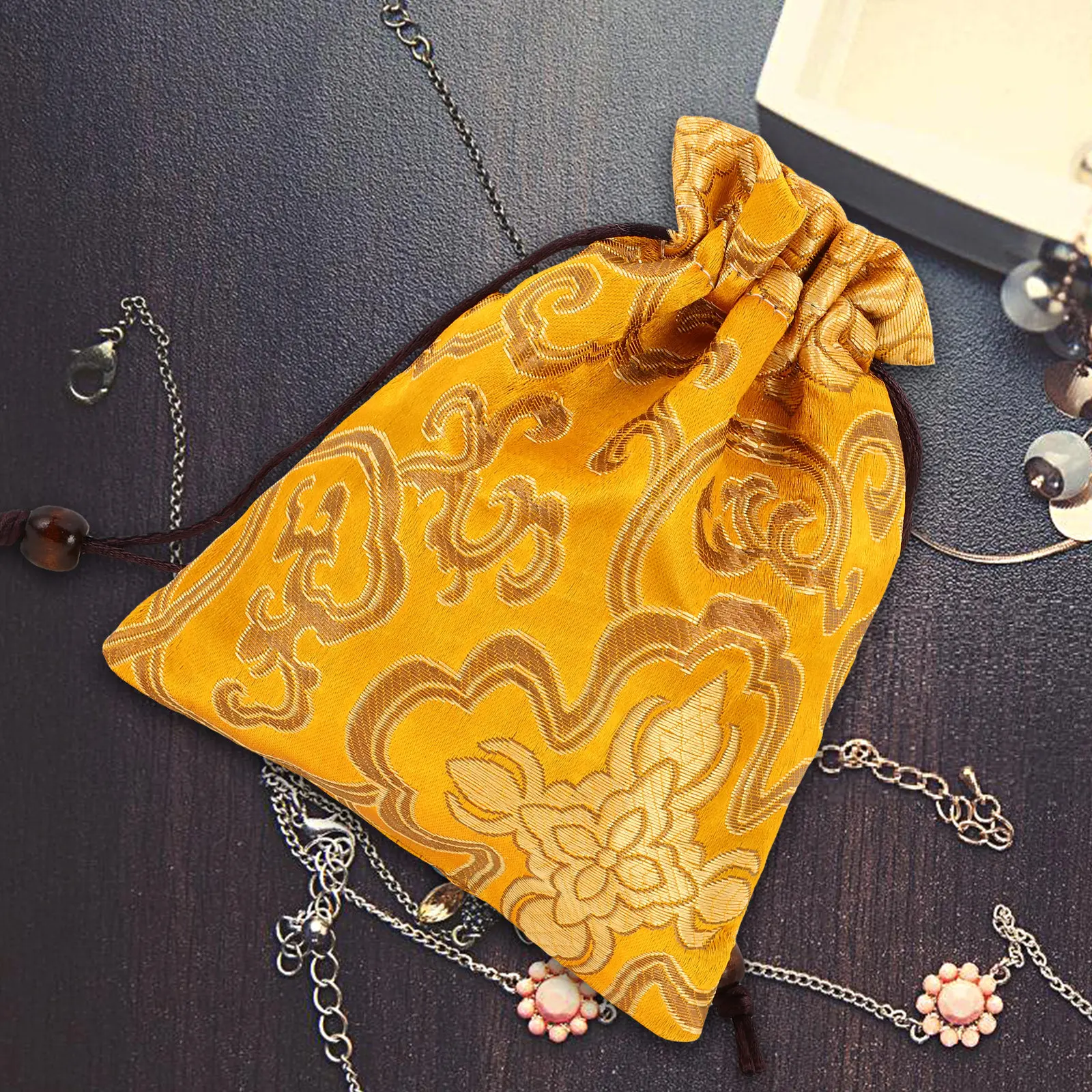 Embroidered Chinese Brocade Drawstring Pouch Silk Singing Bowl Storage Bag Jewelry Buddhist Prayer Beads Organizer Portable