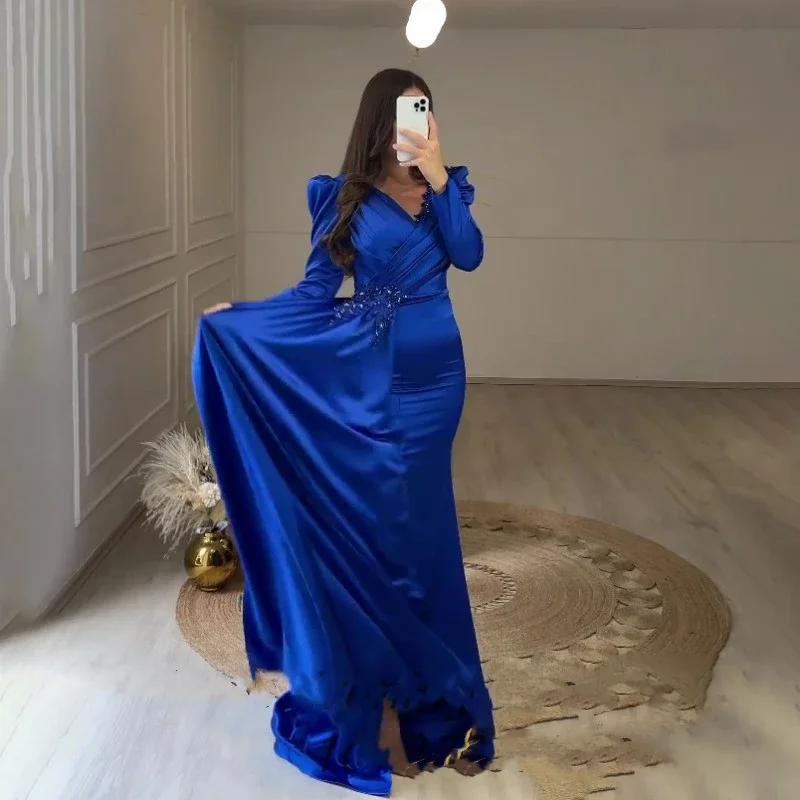 

Elegant Muslim Royal Blue Mermaid Evening Dresses V-Neck Decal Beading Long Sleeves Satin Prom Gowns For Women فساتين السهرة