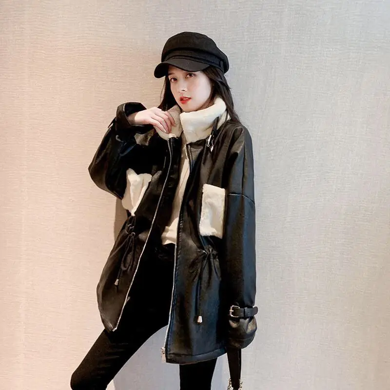 

Fur Locomotive Retro with Belt Riding Winter Women's Jacket Long-sleeved Lapel Padded Warm Zip Chic Female Coat Tops V108