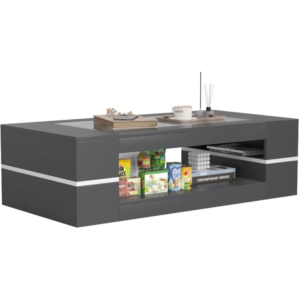 47.2" Modern Stylish Coffee Table with Glass Table Top, Large Living Room Table Rectangular 2-Tier Center Tables with Storage