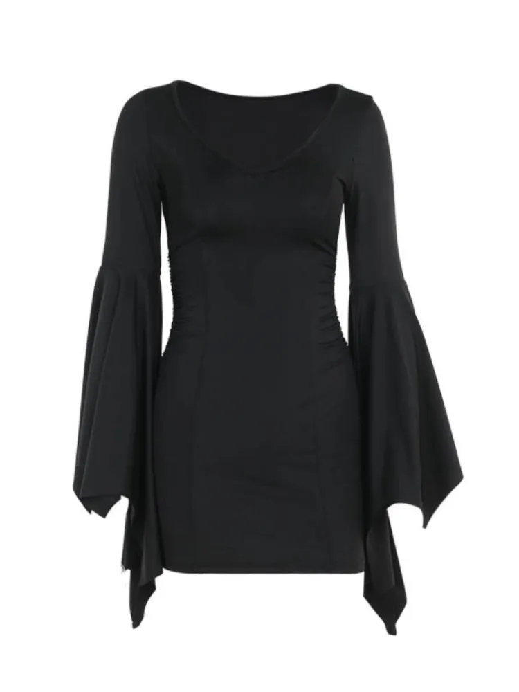 

Autumn Winter New Dress Women Vintage Batwing Sleeve Witch Halloween Mini Dress 2025 Fashion Slim Pleat Bodycon Party Dresses