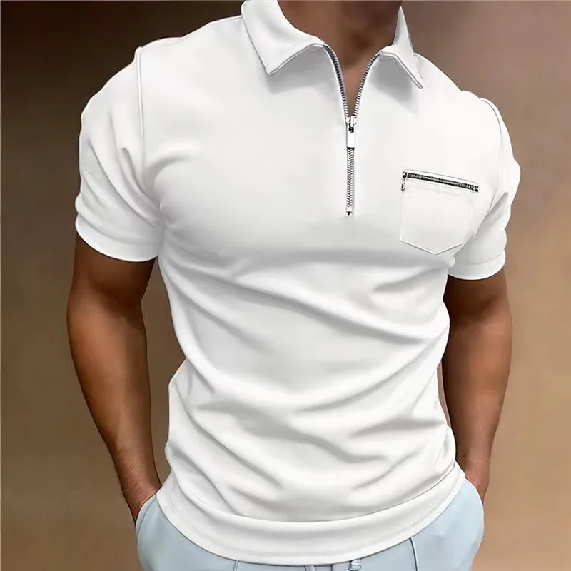 2023 Summer Trip Men\'s Casual Short-Sleeved Polo Shirt Chest Zipper Pocket T-Shirt Men\'s Breathable Polo Shirt Men\'s Clothing