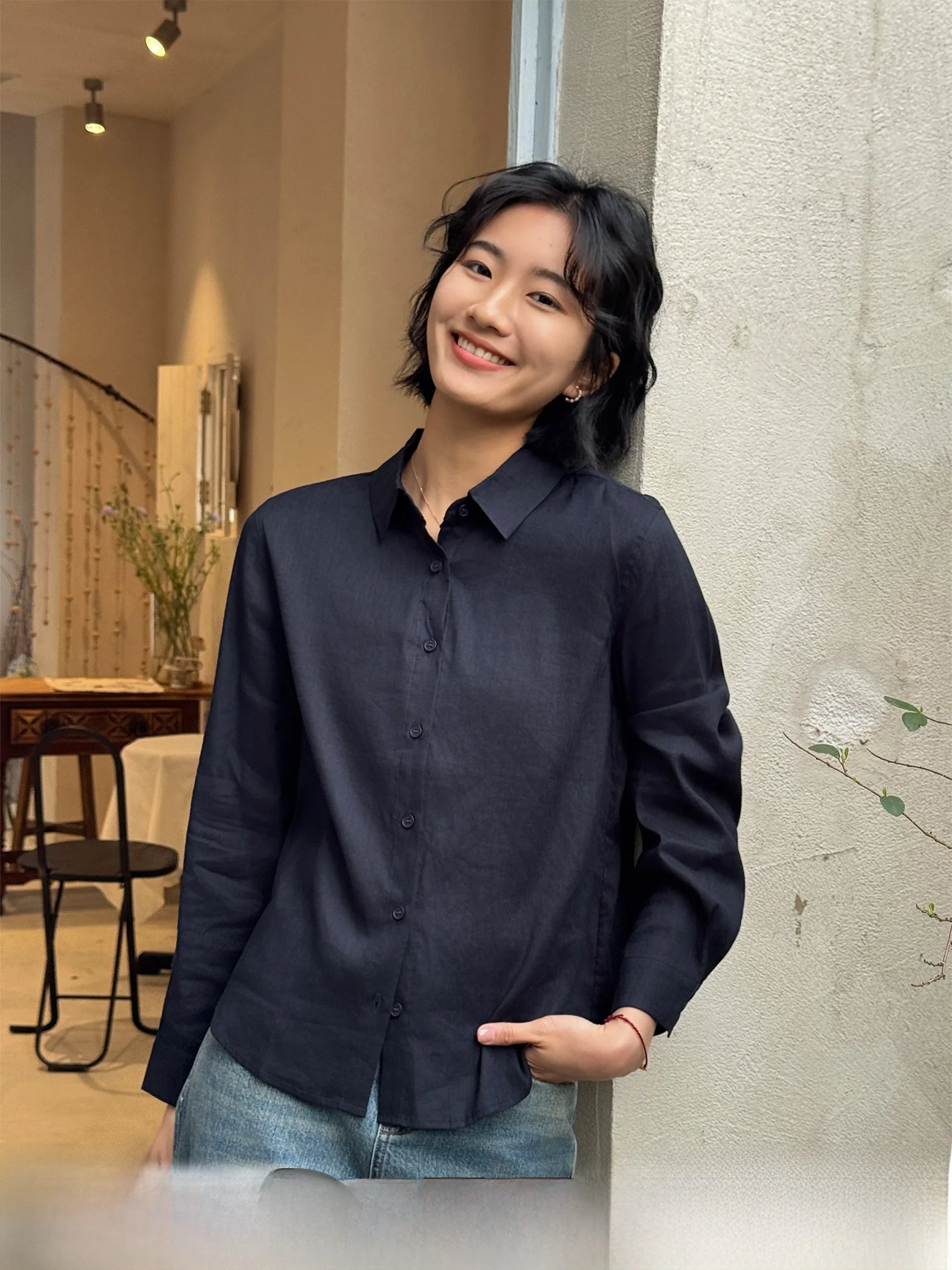 

Jiuxiaoyan Double Color Comfortable Casual Loose Collar 2026 Summer New Linen Women's Shirt Long Sleeve Button up Pure Color