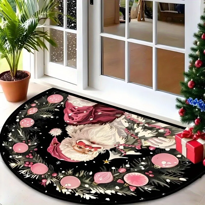 Festive Santa Claus Half Round Doormat Pink Bauble Semicircle Carpet For Living Room Bedroom Front Door Welcome Floor Mat New