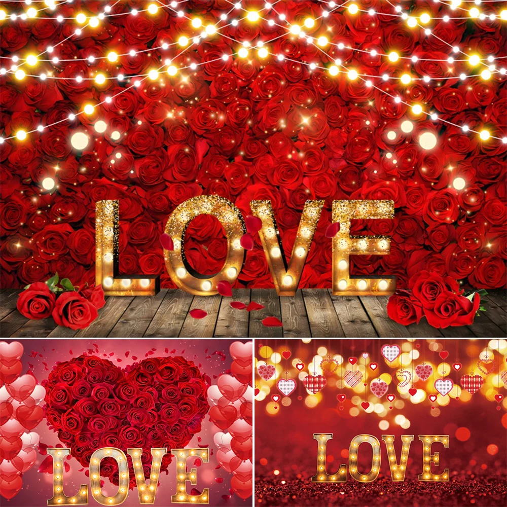 Valentine's Day Red Rose Flower Wall Photography Backdrop LOVE Lights Heart Balloons Wedding Bride Portrait Photocall Background