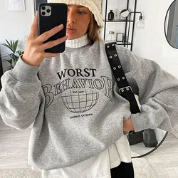 Worst Behavior Letters Printing Women Autumn Graphic Sweatshirts Gray Crewneck Thick Fleece Warm Outfits Street Fashion Pullover