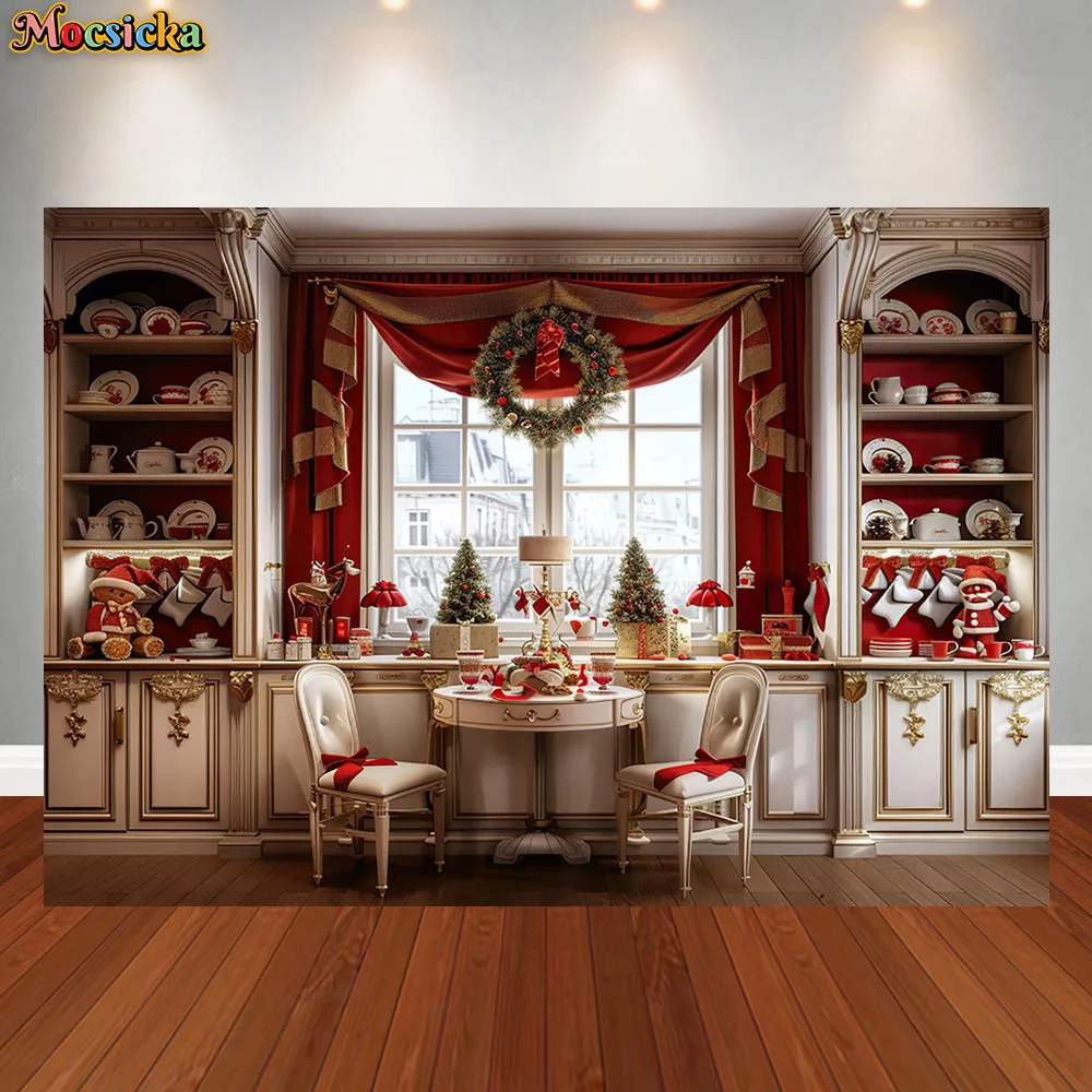 Christmas Kitchen Photography Background Cupboard XMAS Wreath Window Decoration Supplies Family Portrait Backdrop for Studio
