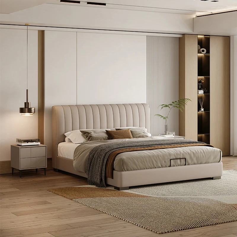 -ee Modern Luxury Furniture Bedroom King&Queen Size Upholstered Bed Anti-Scratch Leather High Density Sponge Solid Wood Soft Bed