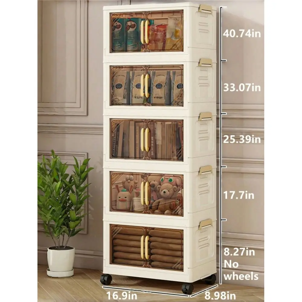 

2 5 Tier Foldable Storage Cabinet With Trash Can, Plastic Material With Door, Large Capacity Stackable, Suitable For Bedroom, L
