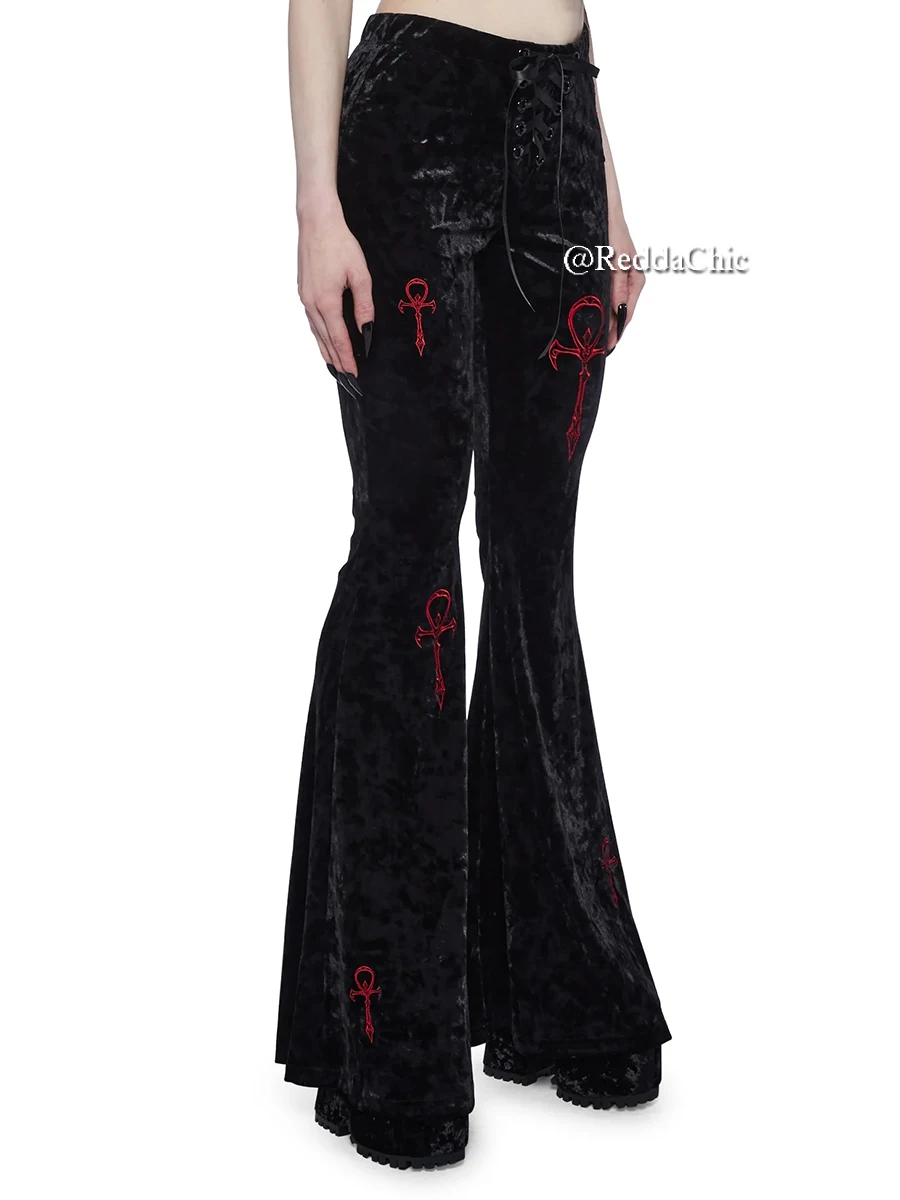 REDDACHiC Retro Black Velvet Ribbon Bootcut Pants Women Cross Embroidery Lace-up Elastic Waist Bell Bottoms Gothic Dark Clothes