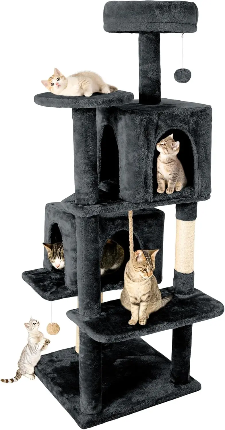 

58in Large Cat Tree Tower for Indoor Cats with Soft Plush Hang Ball, Two Condos, Sisal Scratch Posts & Rope Play for Kit