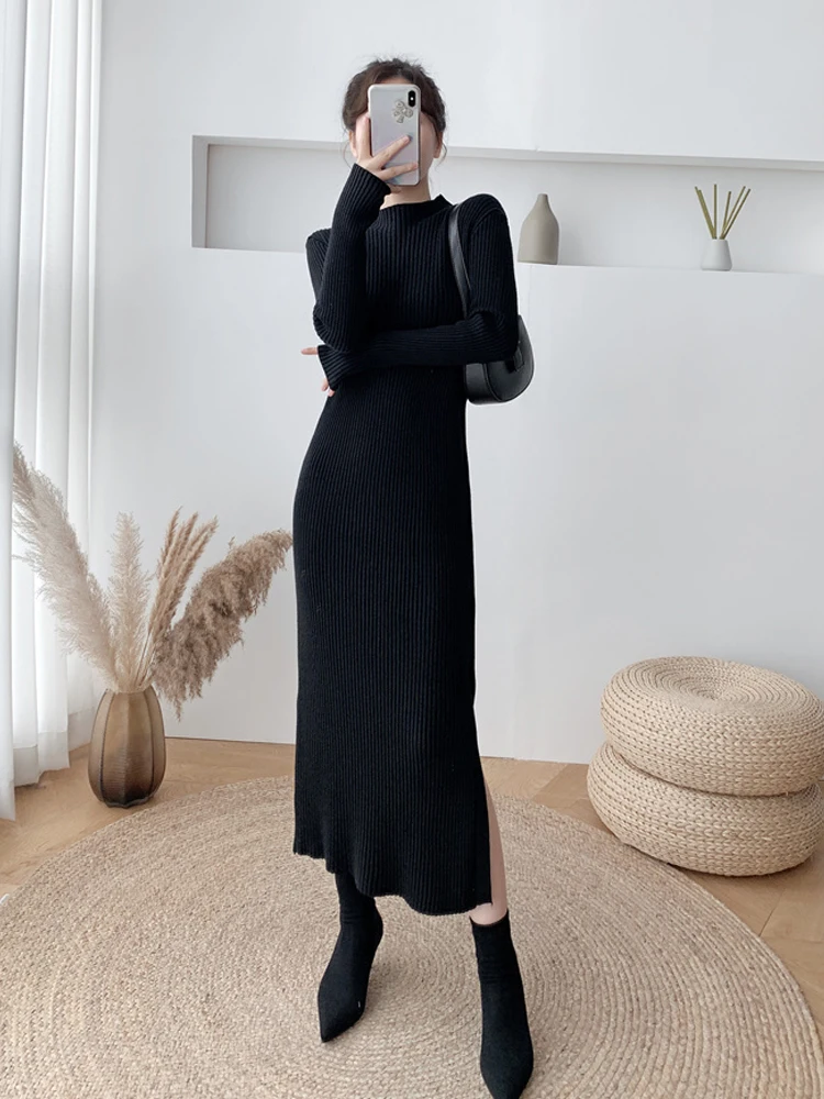 

Women Half High Collar Side Slit Knitted Dress Autumn Winter Temperament Versatile Button Decoration Design Sense Long Skirt New