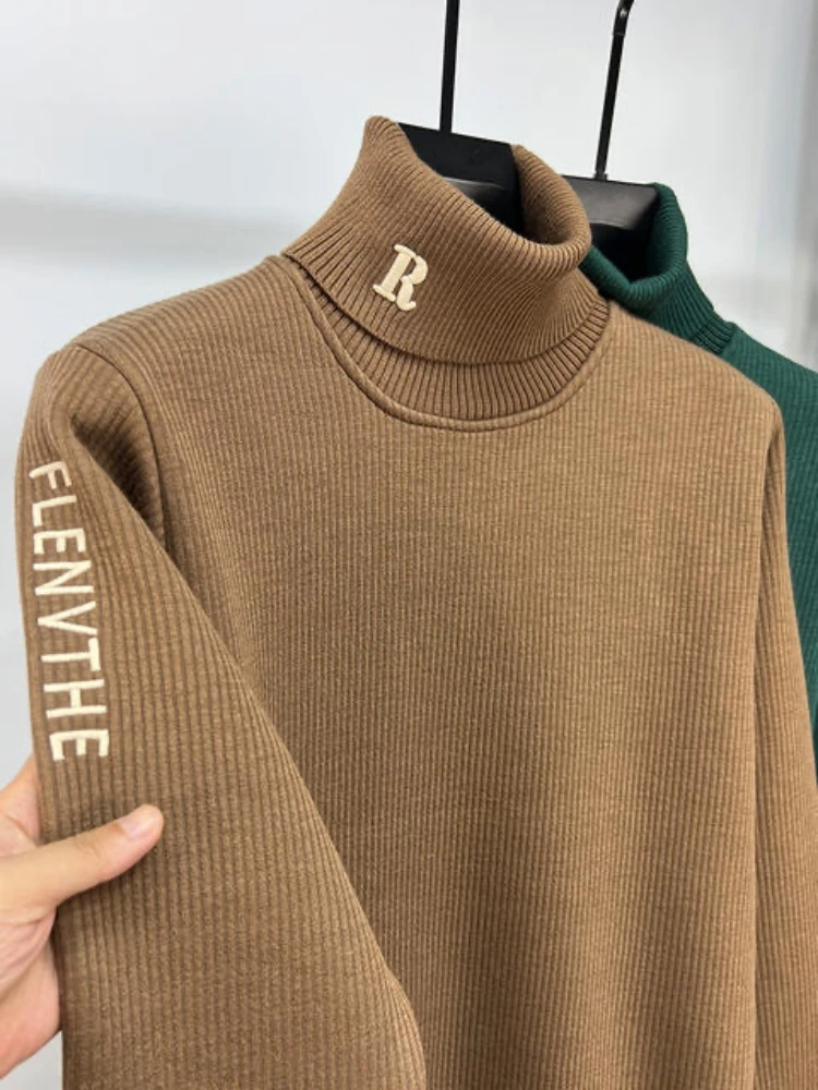 High end brand trend letter embroidery knitted sweater men\'s autumn winter new plush thickened casual warm high collar pullover