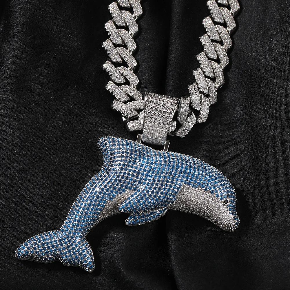 

Anztilam Large Blue Dolphin Pendant Zircon Iced Out Necklaces Hip Hop Jewelry For Men Women Copper Free Shipping