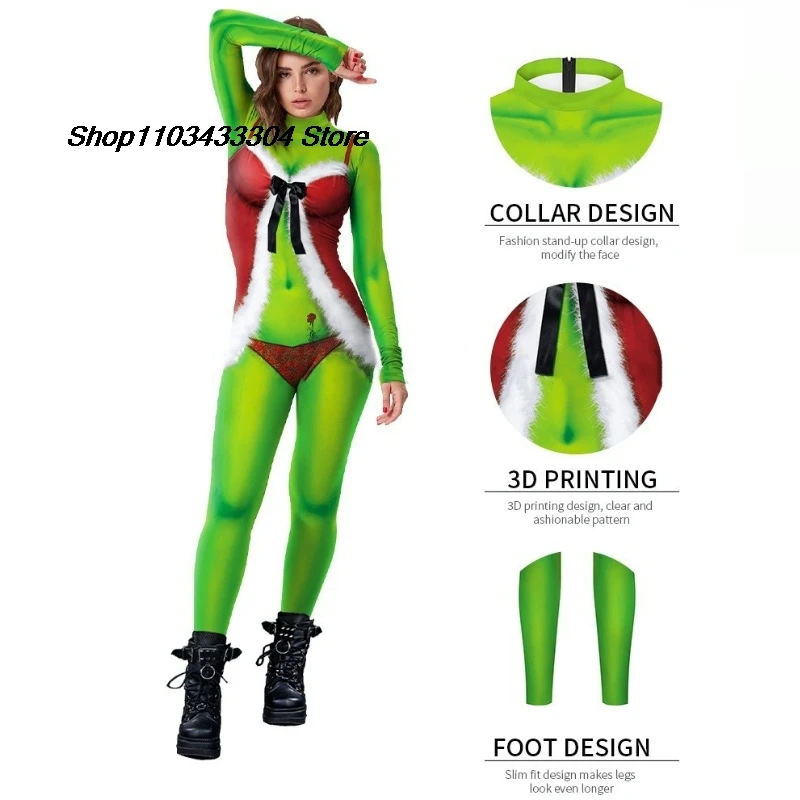 Nuevo Mono navideño para mujer, mono de manga larga con estampado de monstruo verde, fiesta navideña, disfraces divertidos de Cosplay, actuación