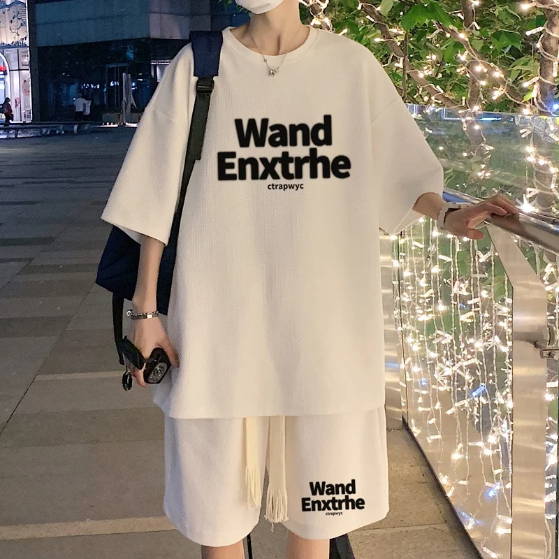 

Летний спортивный комплект для подростков-мальчиков больших размеров: модная брендовая футболка с круглым вырезом и шорты, комплект из двух предметов.