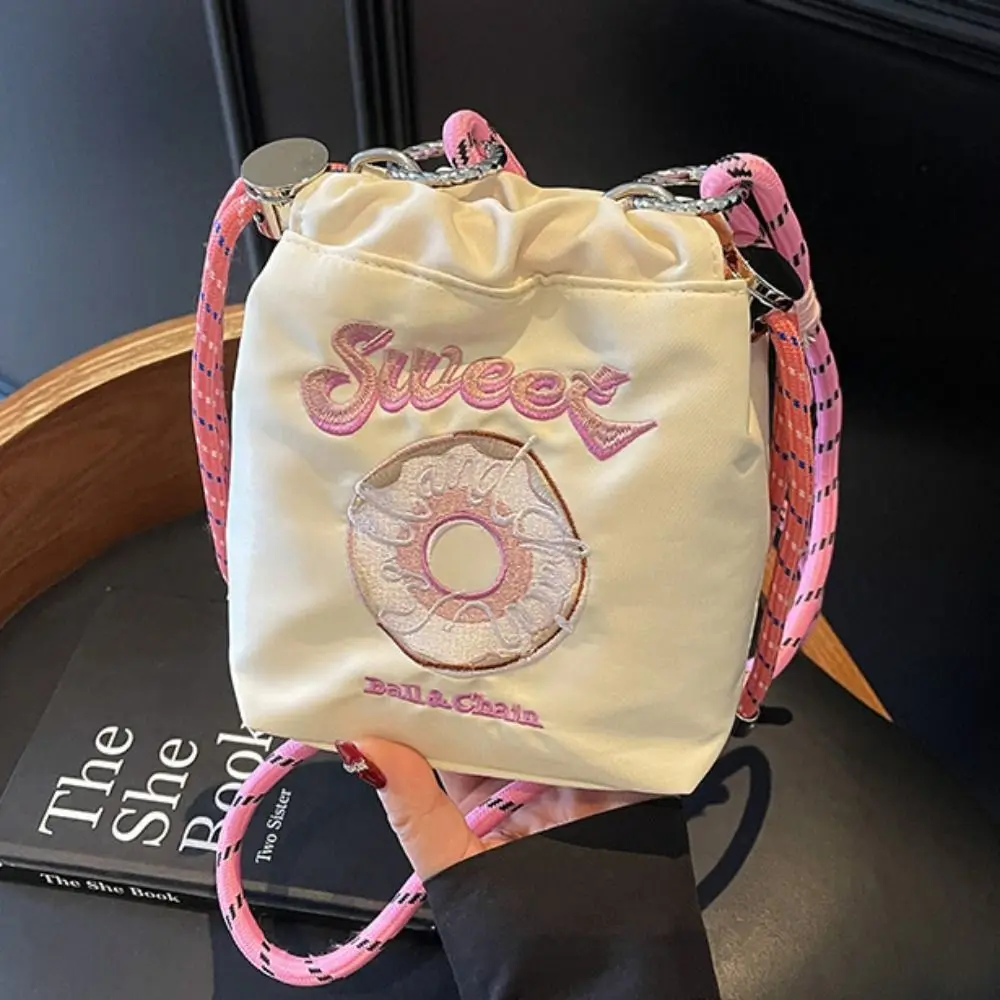 

Sweet Drawstring Bucket Bag Doughnut Pattern Shoulder Strap Embroidered Shoulder Bag Embroidery Design Cute Pattern