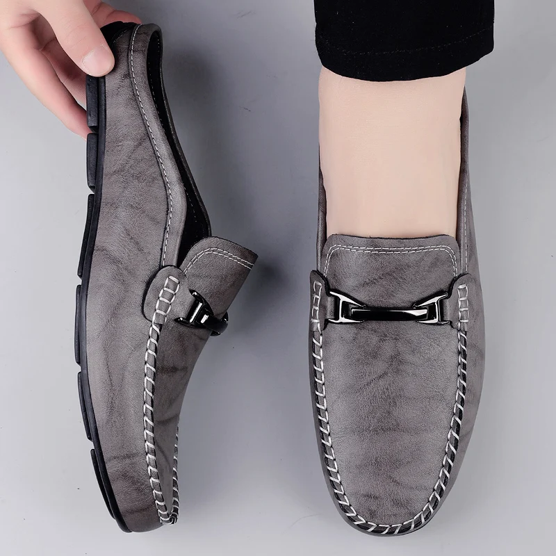 Big Size 47 48 49 Men's Half Slippers Loafers, Breathable Leather Backless Driving Mules, Slip on Casual Shoes with Metal Buckle