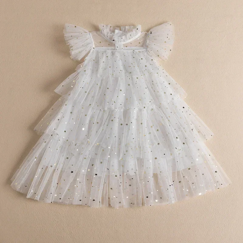 New Children's Dress Girl's Fairy Star Sequin Cake Mesh Children's Fluffy Princess Dress Solid HIGH Short Flower Girl Dresses