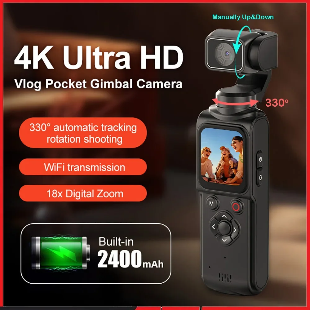 

4K Ultra Action Camera HD Pocket Gimbal Stabilizer 330° Face Tracking 18x Zoom 1.72" Touch Screen Wi-Fi Portable Vlog Sports Cam
