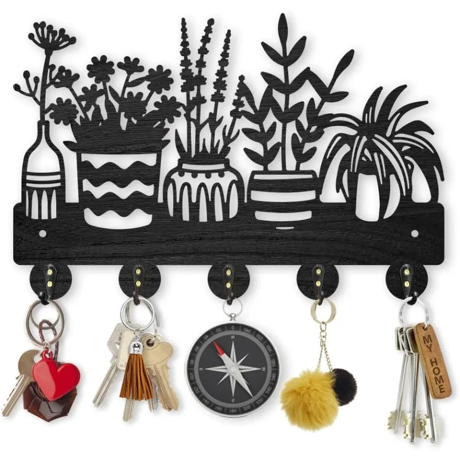 

Potted Plant Coat Hooks Wall Mount Wood Flower Pot Key Holder 11.87.9inch 5 Alloy Hooks Black Key Rack Organizer for Gift Wall
