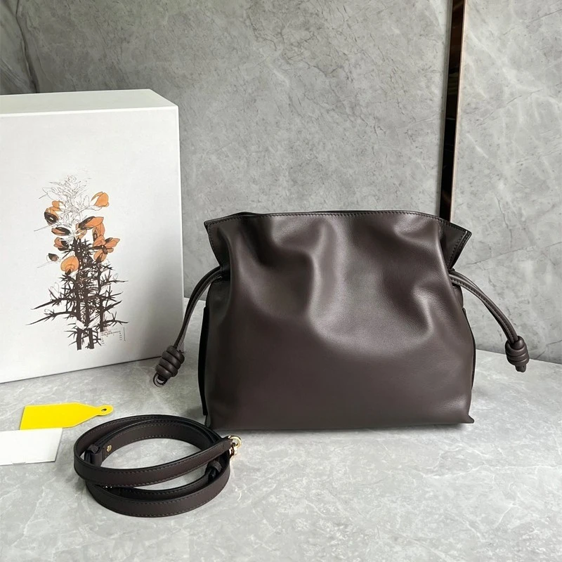 

Autumn Winter Luxury High Quality Leather Bucket Bag Drawstring Pleated Soft Cowhide Single Shoulder Tote Lucky Bag for Women