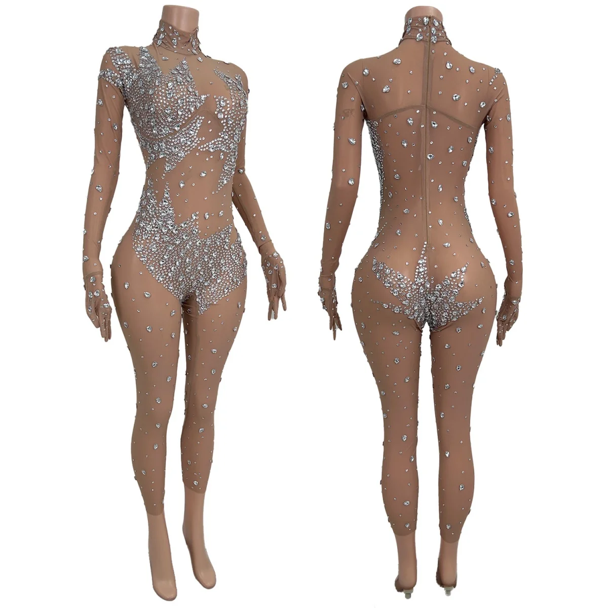 

Women See through Mesh Tight Fitting Jumpsuit Club Sparkly Crystals Drag Queen Bodycon Jumpsuit Party Dance Sexy Wear Lianhuaban