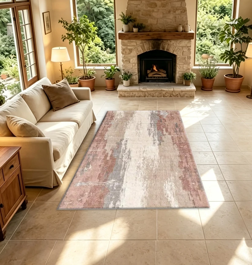 Printed Rug Abstract - พรมปูพื้นลายพิมพ์สีน้ำแบบนามธรรมสีชมพูอ่อนสไตล์วินเทจ ดูเก่าเก๋ พื้นผิวสัมผัสนุ่ม เหมาะสำหรับตกแต่งบ้านสไตล์โมเดิร์น