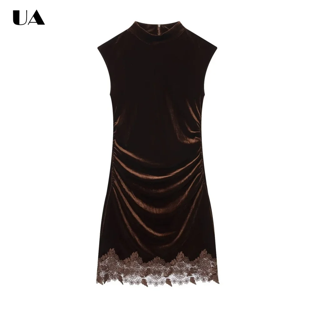 

Elegant Sleeveless Half High Neck Mini Prom Dress with Lace Hem, Sexy Shirring Short Dress, Trendy Sheath Cocktail Party Dress