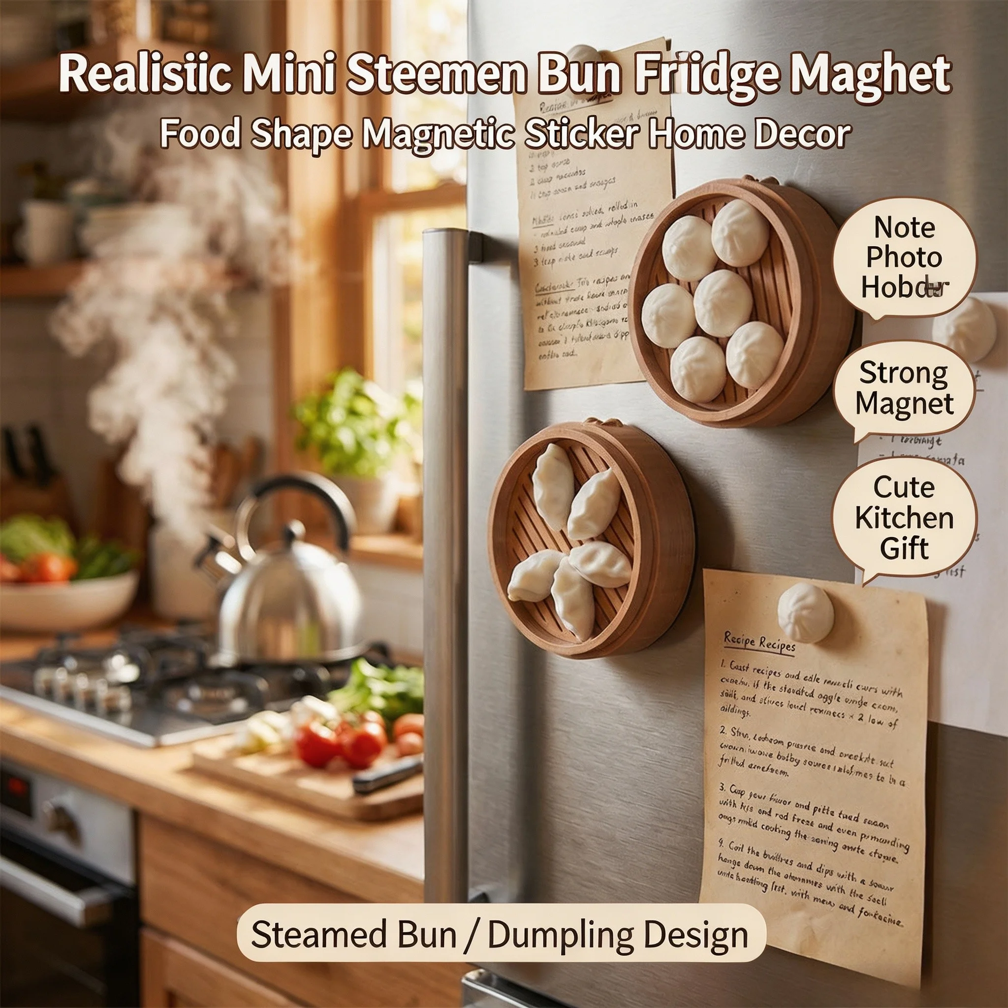 Mini Realistic 3D Steamer Bun Dumpling Fridge Magnet Food Magnetic Sticker Refrigerator Note Photo Holder Home Kitchen Decor