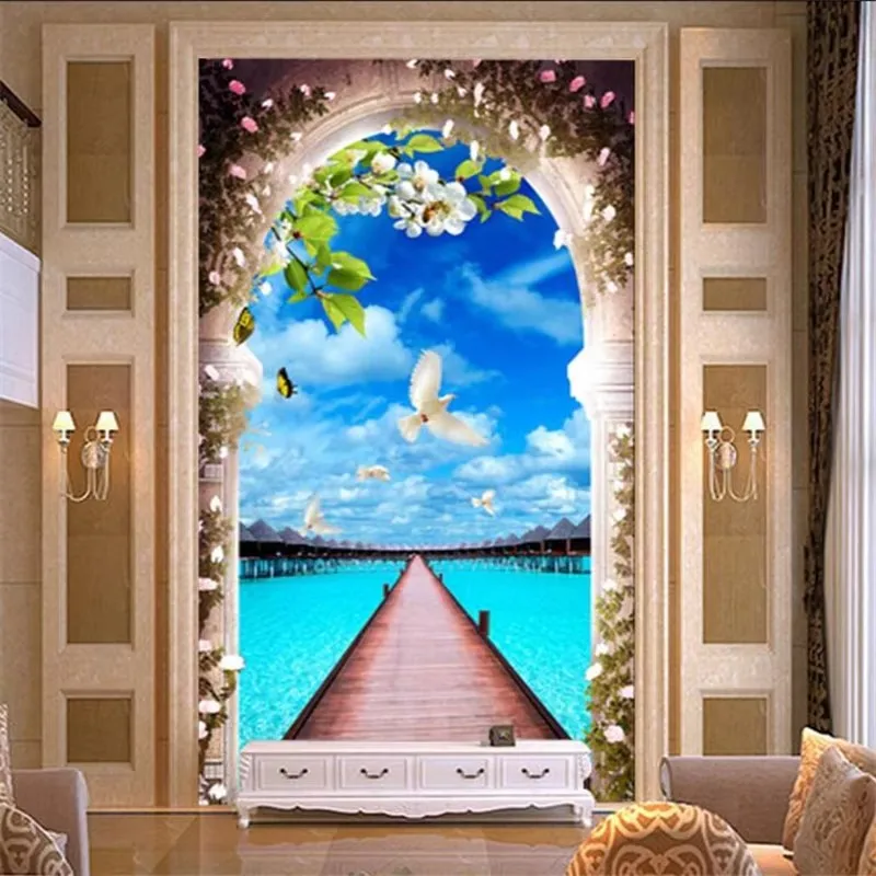 Custom 3d วอลล์เปเปอร์ที่สมจริงมะพร้าว ree Sea View Entrance ภาพจิตรกรรมฝาผนังแฟชั่น Seaside Scenery อาเขตทางเดินวอลล์เปเปอร์ตกแต่งบ้านи