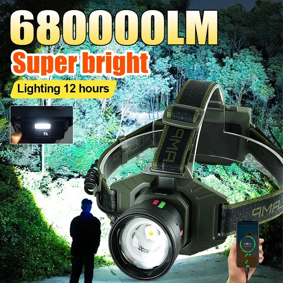 

680000LM Самые мощные светодиодные фары, яркие фонари для кемпинга, USB заряженные фары с флуоресцентными охотничьими огнями
