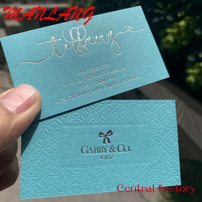 Custom  Custom special textured paper card size business card with silver Foil embossed number high quality cotton business phon