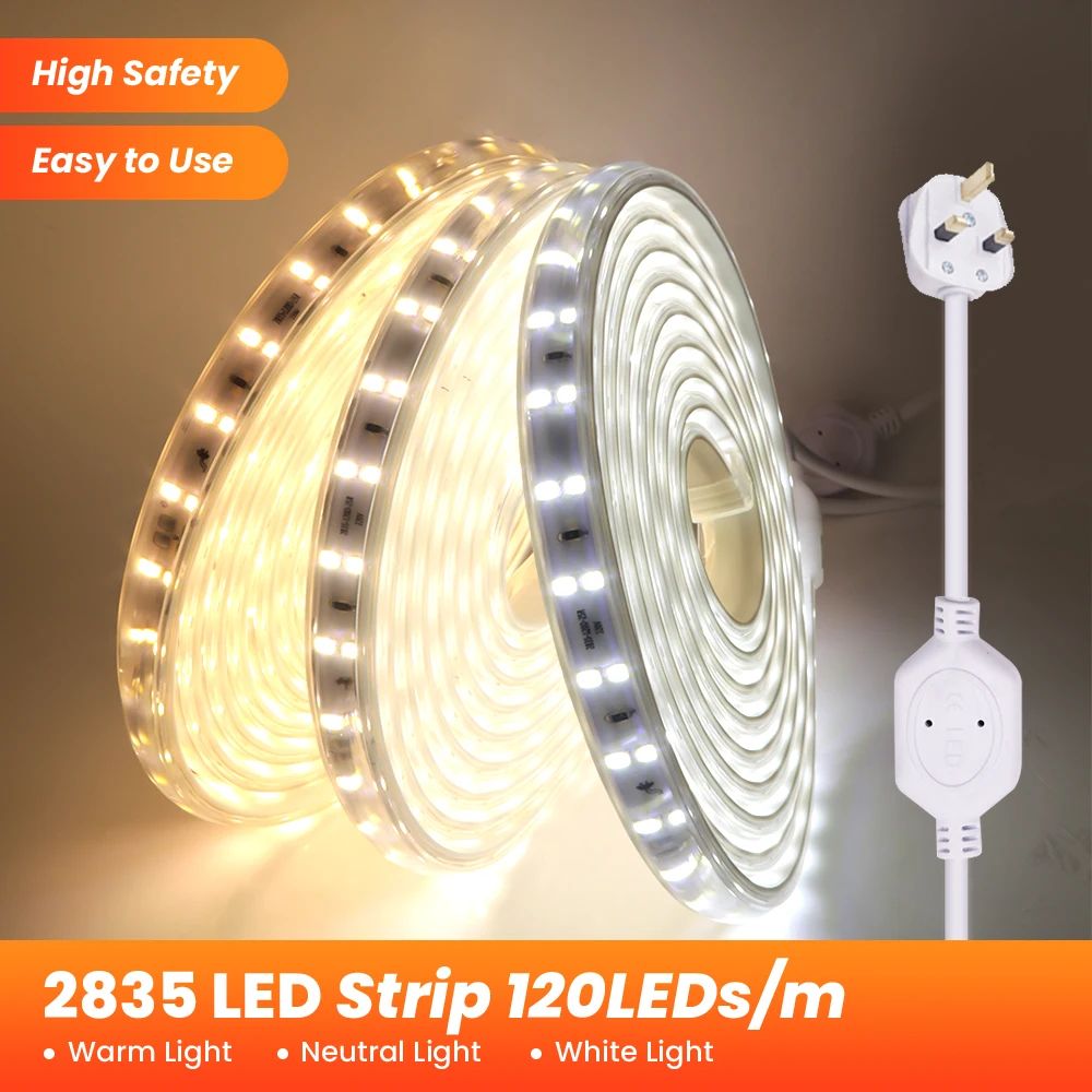 LED Strip Light 2835 High Safety 220V 120LEDs/m High Brightness LED Tape Light Home Outdoor Waterproof LED Strip Light + UK Plug