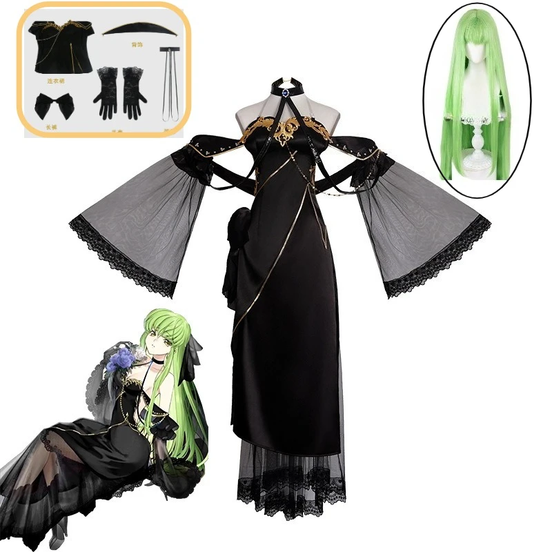 

Code Geass Queen CC Cosplay Costume Black Lace Long Sexy Dress Wig Glove Set Halloween Woman Black Dress Costume for CC