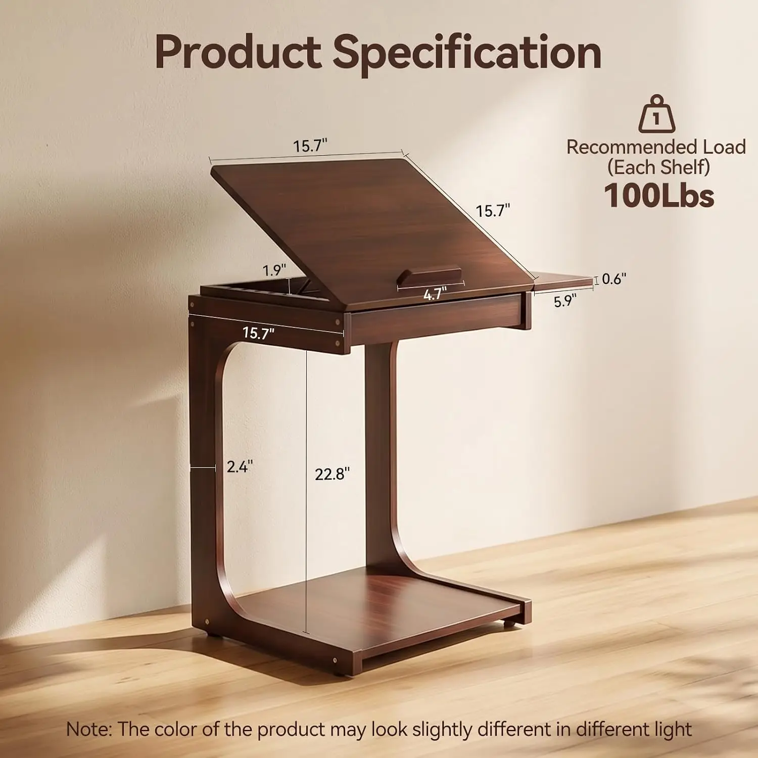 C-Shaped End Table with Wheels, Bamboo Rolling Couch Side Table, Ultra-Silent Casters, 5-Angle Adjustable Desktop, Foldable Shelf for Living Room, Home Office
