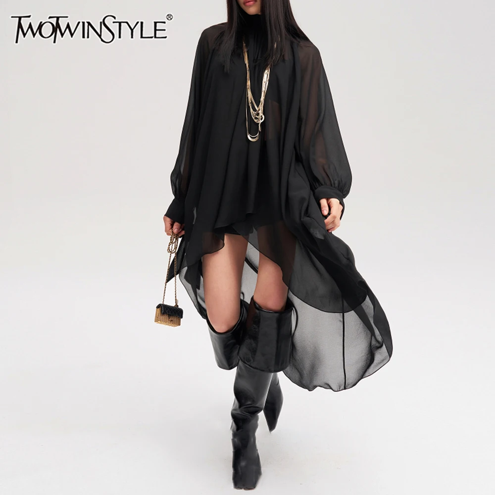 

TWOTWINSTYLE Solid Loose Sheer Spliced Folds Fashion Blouses for Women High Neck Long Sleeves Irregular Blouse Female Clothing