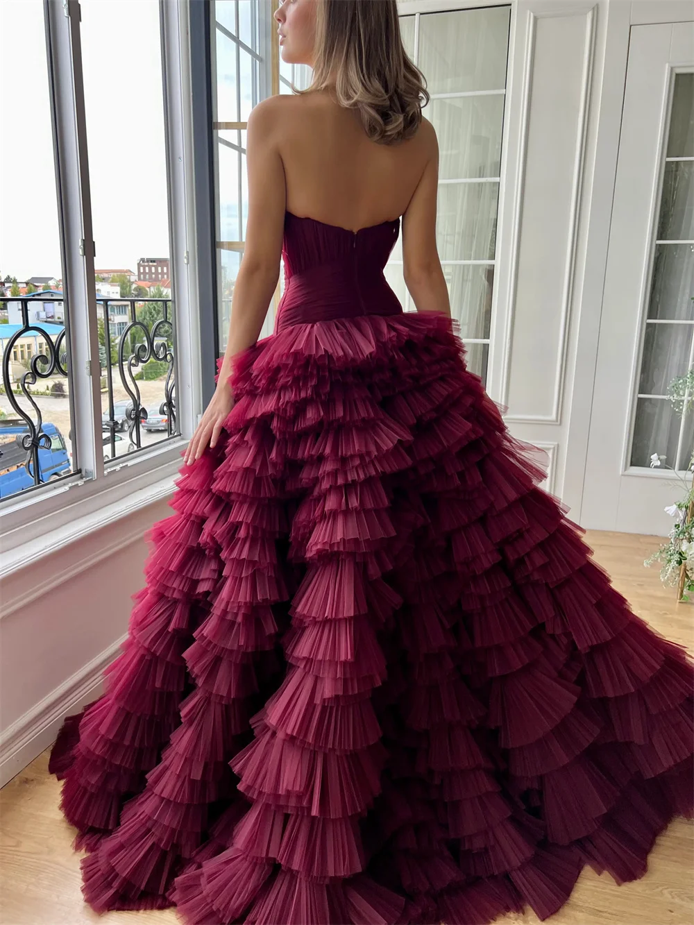 Amanda Customized Princess Strapless Multilayer Robes De Soirée Burgundy Sleeveless Party Dresses Ball Gown Prom Dress 2025