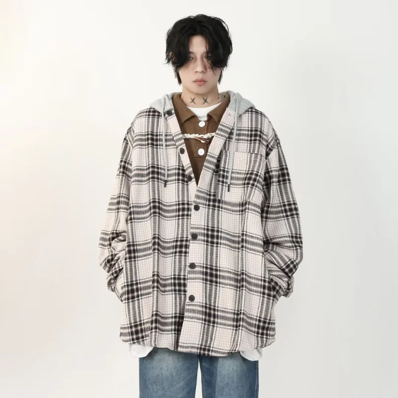 Harajuku Hooded Cardigan Mens New 2024 Japanese Multi Pocket Casual Fashion Loose Hoodies Jacket Grid Pattern Color Block Coats