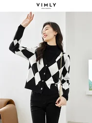 Vimly V-neck Argyle Cardigans for Women Knitwear 2023 Fashion Soft Long Sleeve Knit Top Female Autumn Winter Sweater Clothes