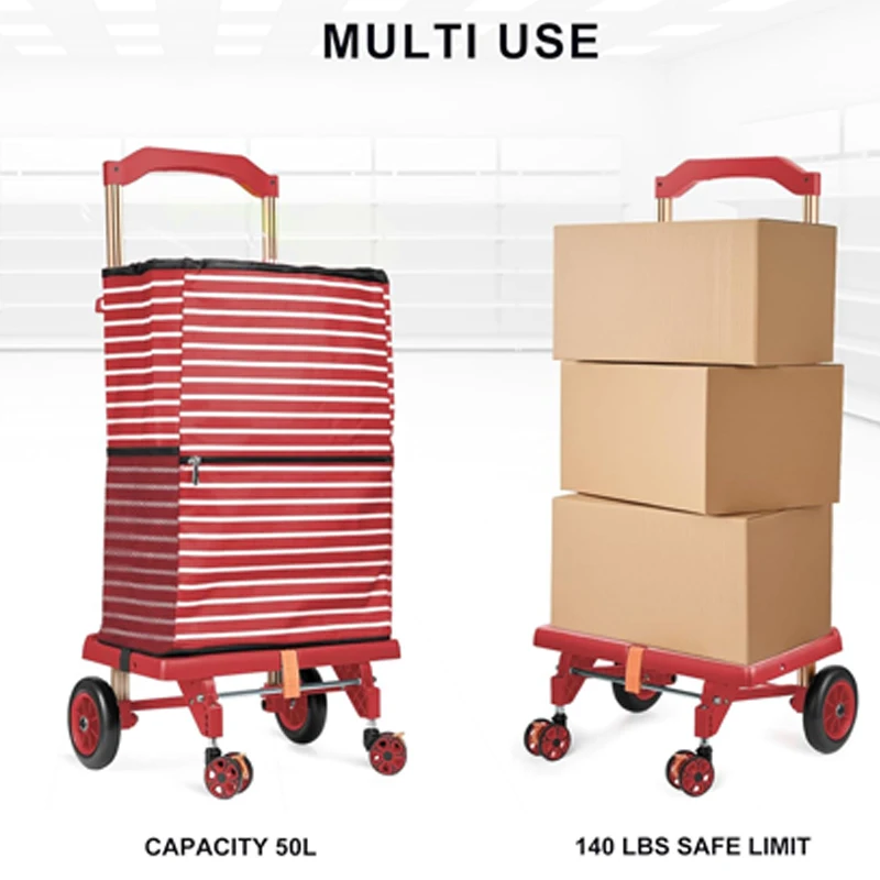 40kg Heavy Duty Folding Shopping Cart with 45L Bag, Portable Hand Truck W/ 360° Wheels, Aluminum Handle & TPE Rubber Wheels