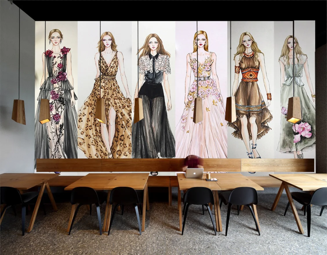 Customized size wallpaper, retro hand-painted character clothing design, mural, workwear, clothing store decoration painting