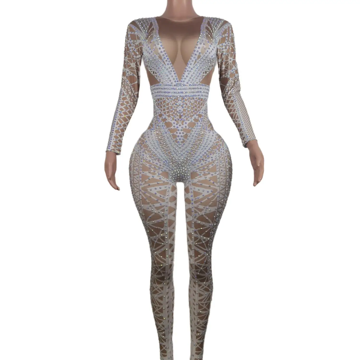 Sexy White Glitter Jumpsuit Womens Rhinestone Costume One Piece Nightclub Outfit Party Wear Dance Singer Stage Outfit Baisanjiao