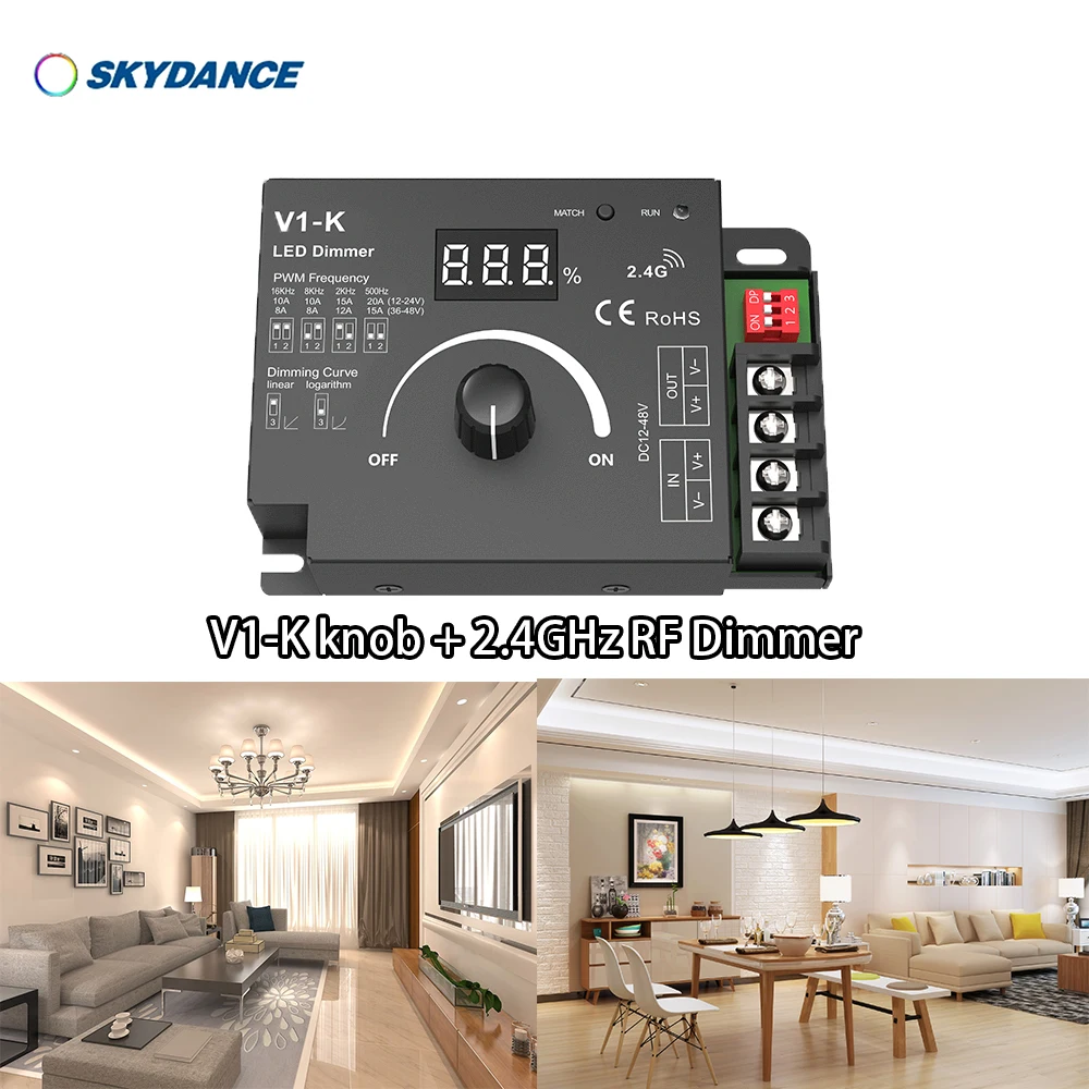 

DC12-48V V1-K 20A PWM Wireless LED Dimmer Switch Rotary knob + RF 2.4GHz Remote for Single Color COB tape Dimming Controller