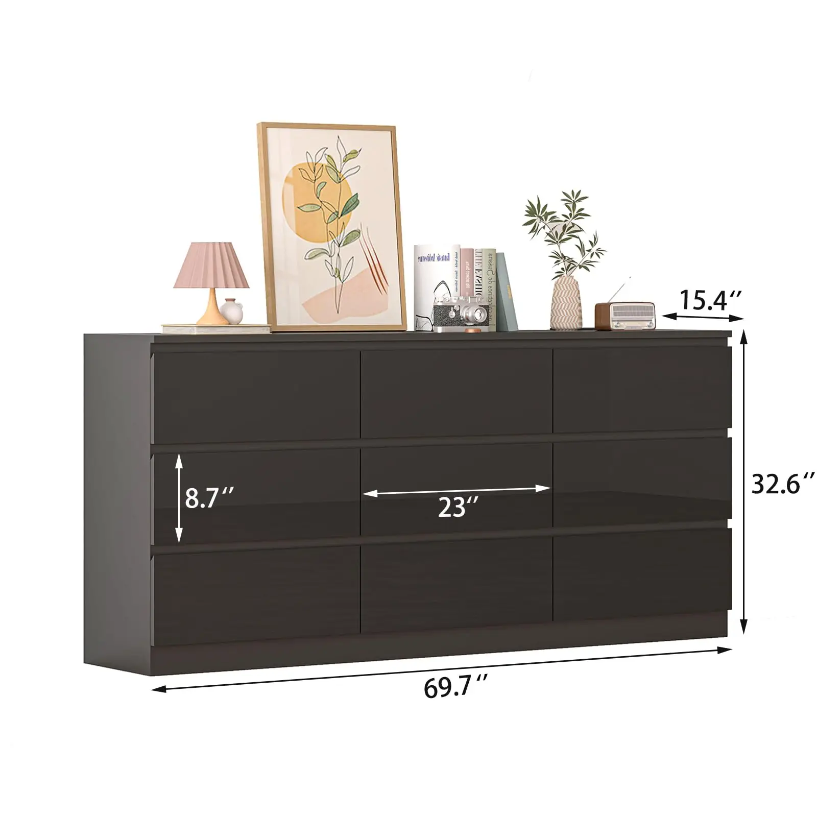 70 INCH 9 Drawers Dresser with Power Outlet, Wide High Gloss Chest of Drawers Large, Modern Storage Drawer Dresser for