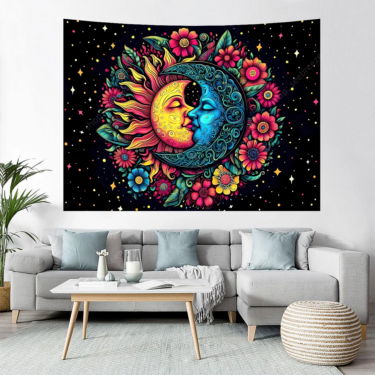 Sun and Moon Tapestry Hippie Boho flower wall cloth Vintage Aesthetic Star Background Poster Mystic Starry Night Sky Tapestries