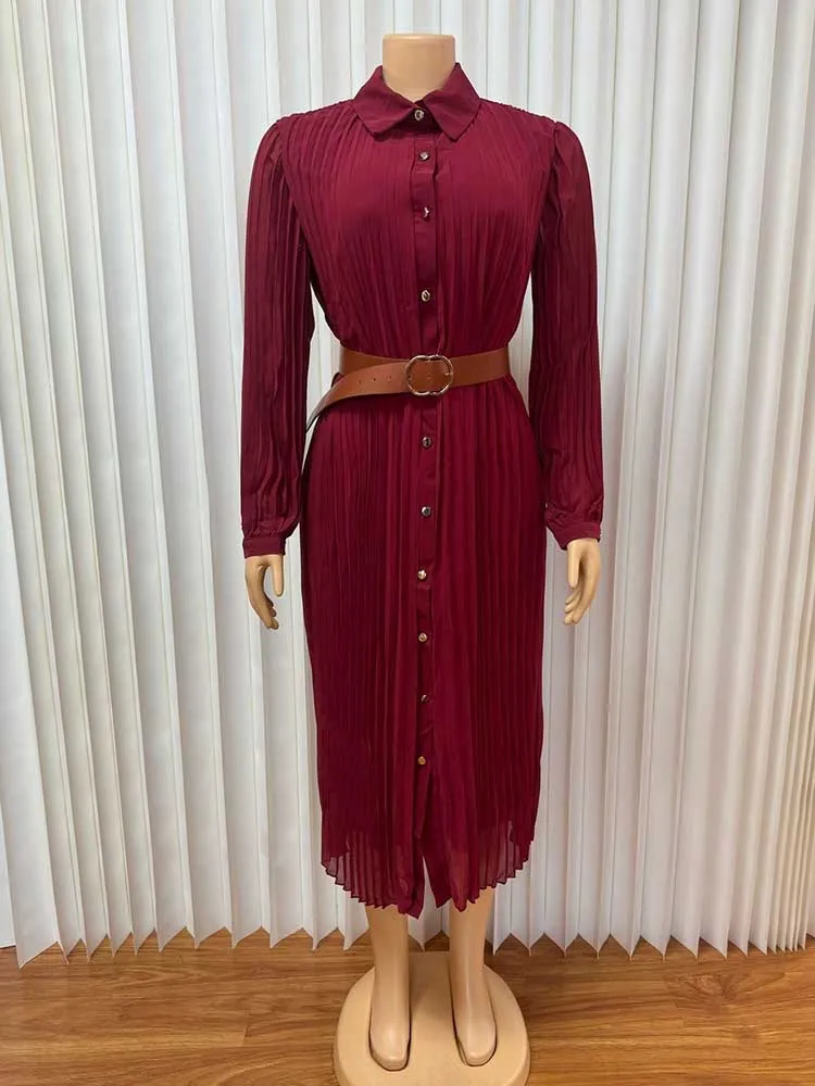 Chic Kleid Elegante Frau Herbst Kleidung Langarm Plissee Kleid mit Gürtel Licht Mid-länge Kleid Großhandel Dropshipping