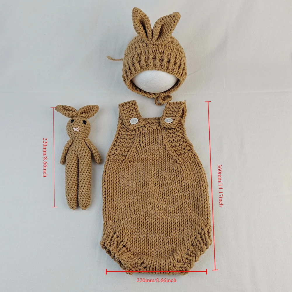 Newborn Photography Outfit Bunny Outfits for Photo Knitted Baby Jumpsuit Hat Teddy Bear Doll Infant Photoshoot Props Clothing