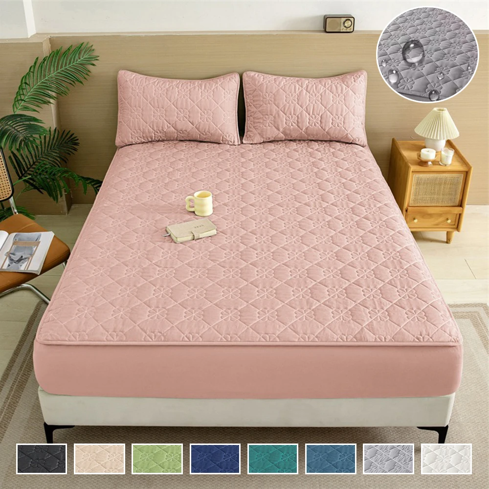 Thicken Quilted Mattress Cover Bed Fitted Sheet Queen Double Four Leaf Clover Pattern Solid Color Bed Cover Including Pillowcase